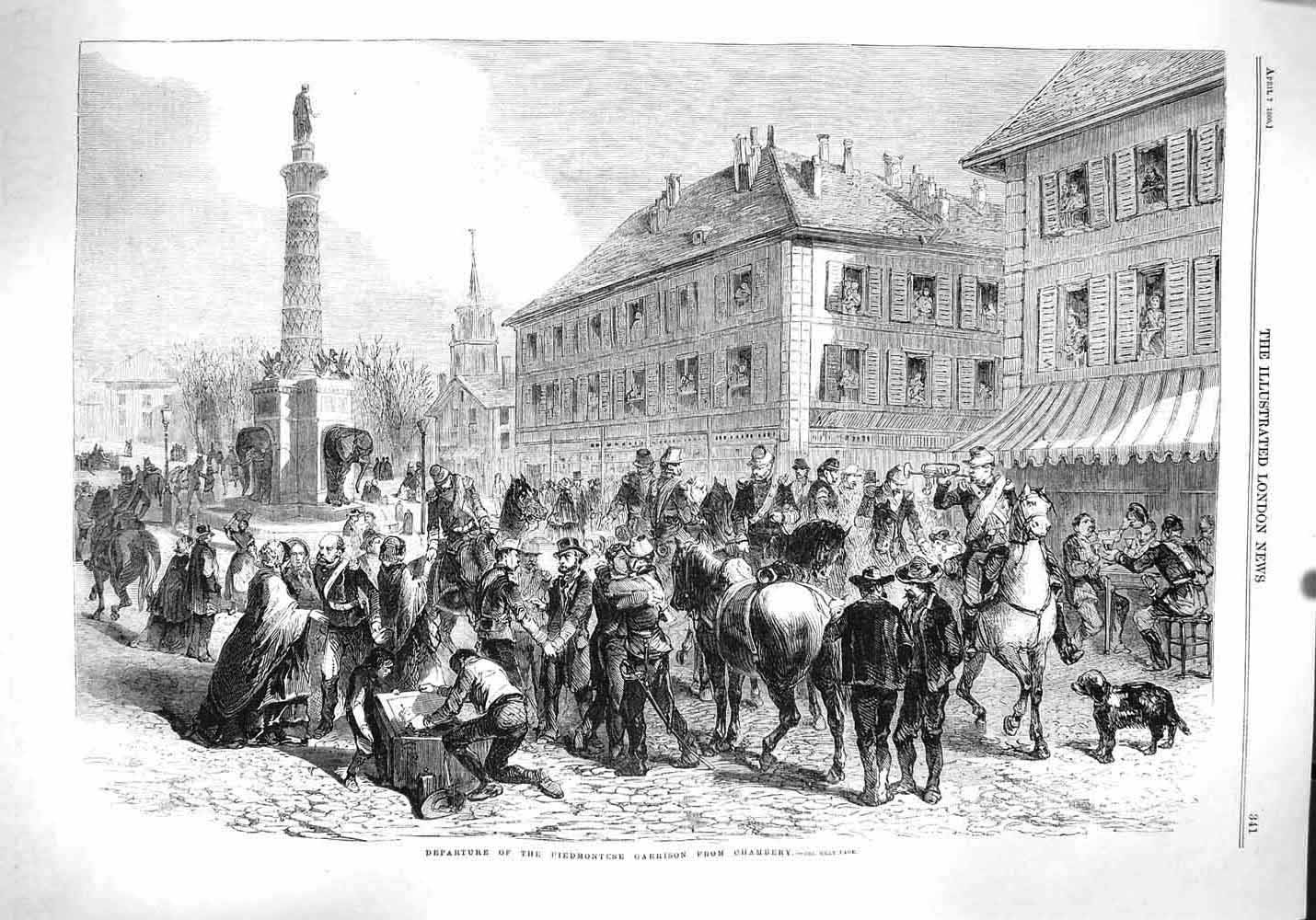 Original Old Antique Print 1860 Departure Piedmontese Garrison Chambery Siers