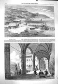 Original Old Antique Print 1860 Port Nice France Piazza Popolo Florence Tuscany