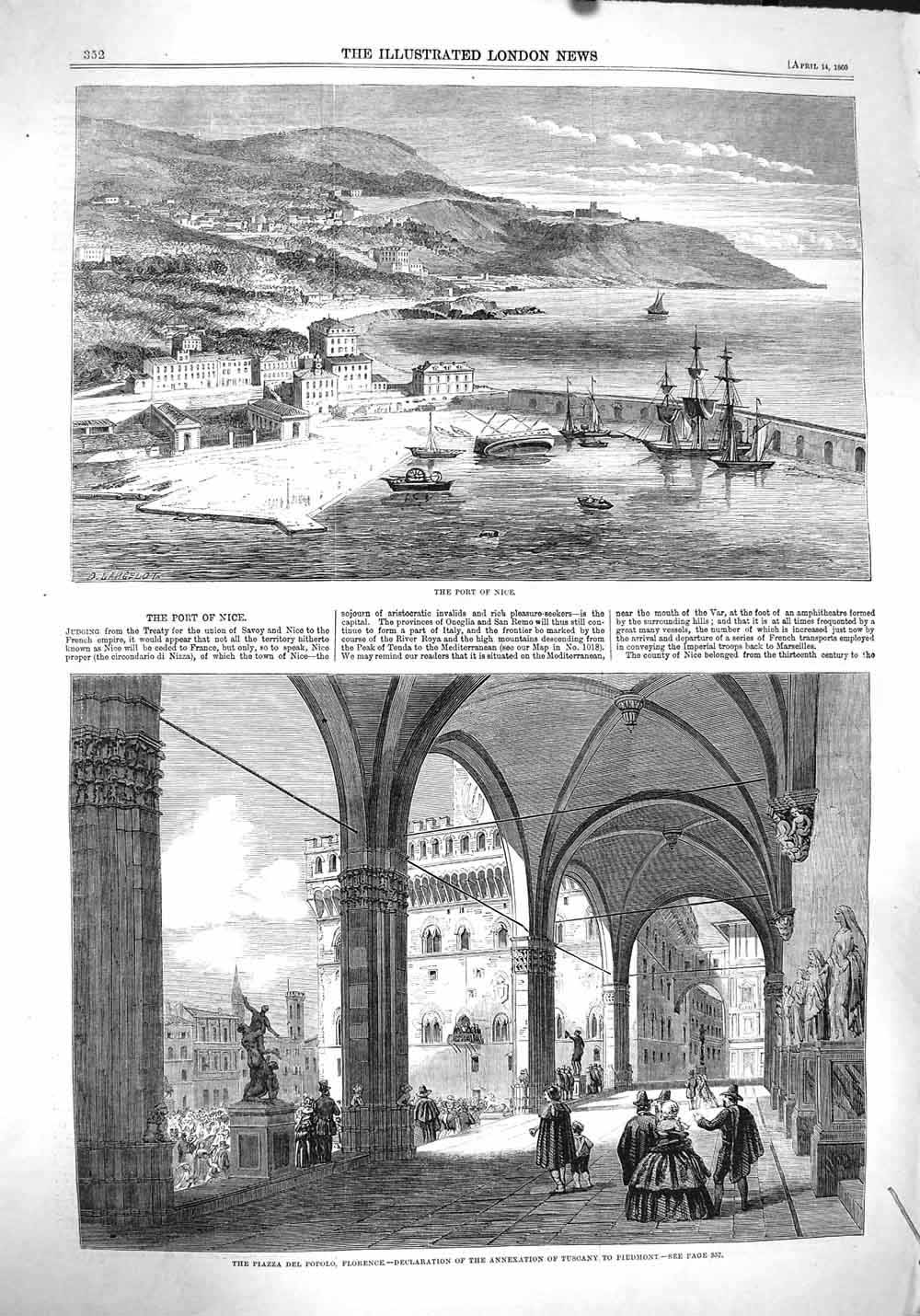 Original Old Antique Print 1860 Port Nice France Piazza Popolo Florence Tuscany