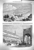 Old Antique Print 1860 Town Monaco Townhall Piazza Fruitti Market Padua 19th
