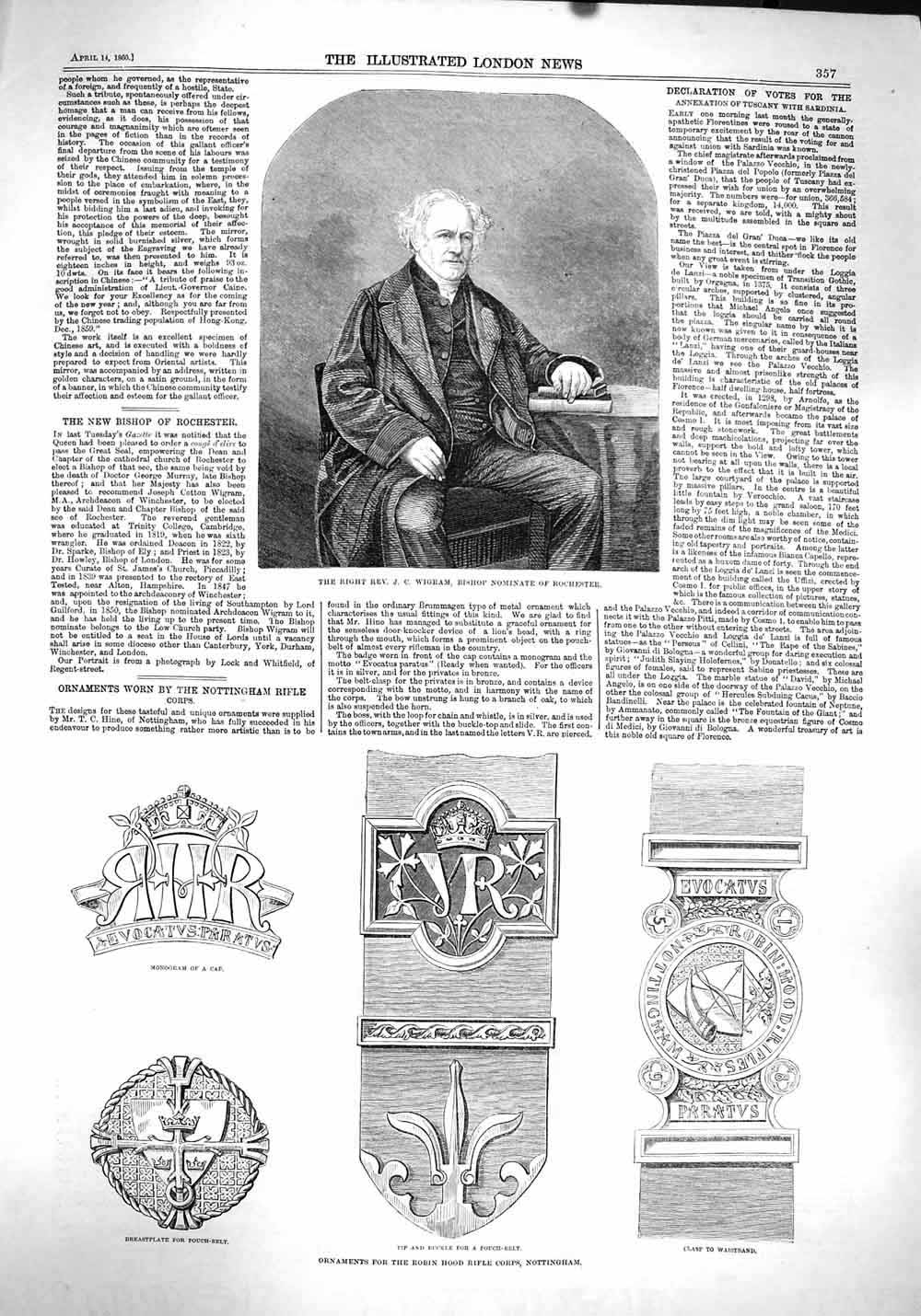 Original Old Antique Print 1860 Rev. Wigram Bishop Rochester Robin Hood Rif 19th