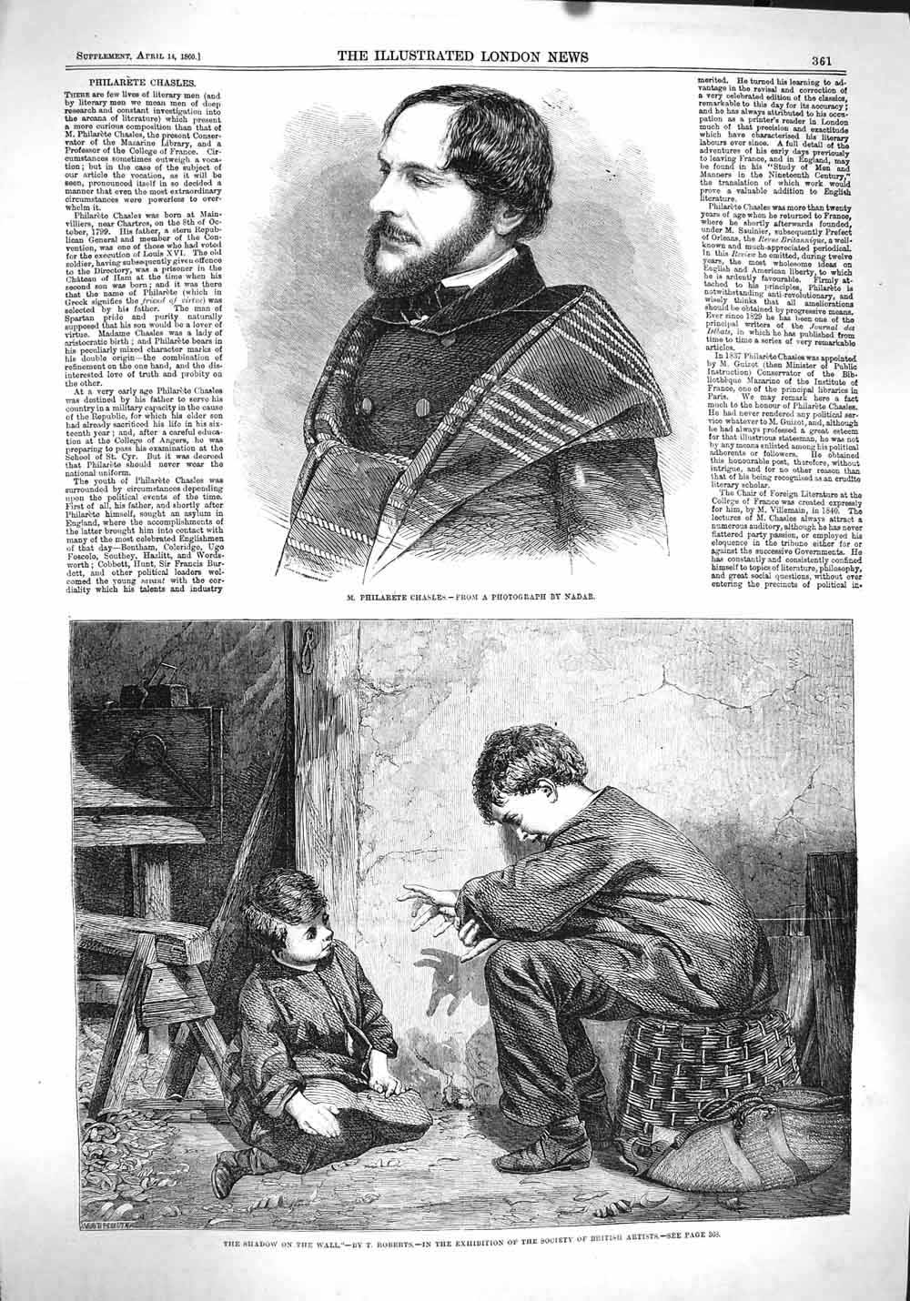 Original Old Antique Print 1860 Philaret Chasles Portrait Children Wall Shadows