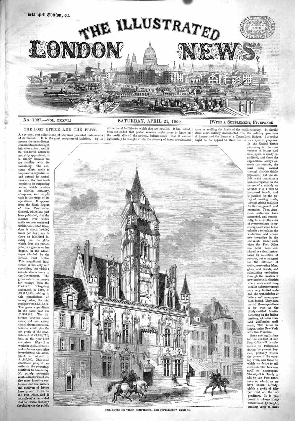 Original Old Antique Print 1860 Exterior Hotel De Ville Compiegne Architecture