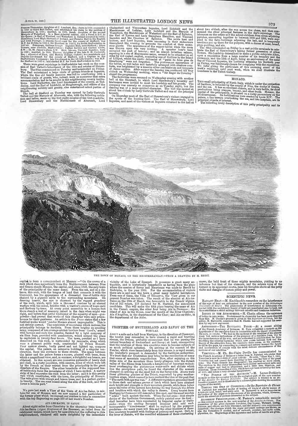 Original Old Antique Print 1860 View Town Monaco France Mditerranean Yachts
