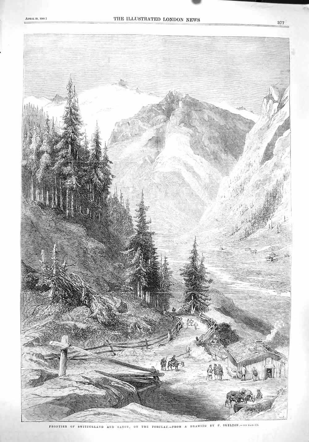 Original Old Antique Print 1860 Frontier Switzerland Savoy Forlaz Mountains