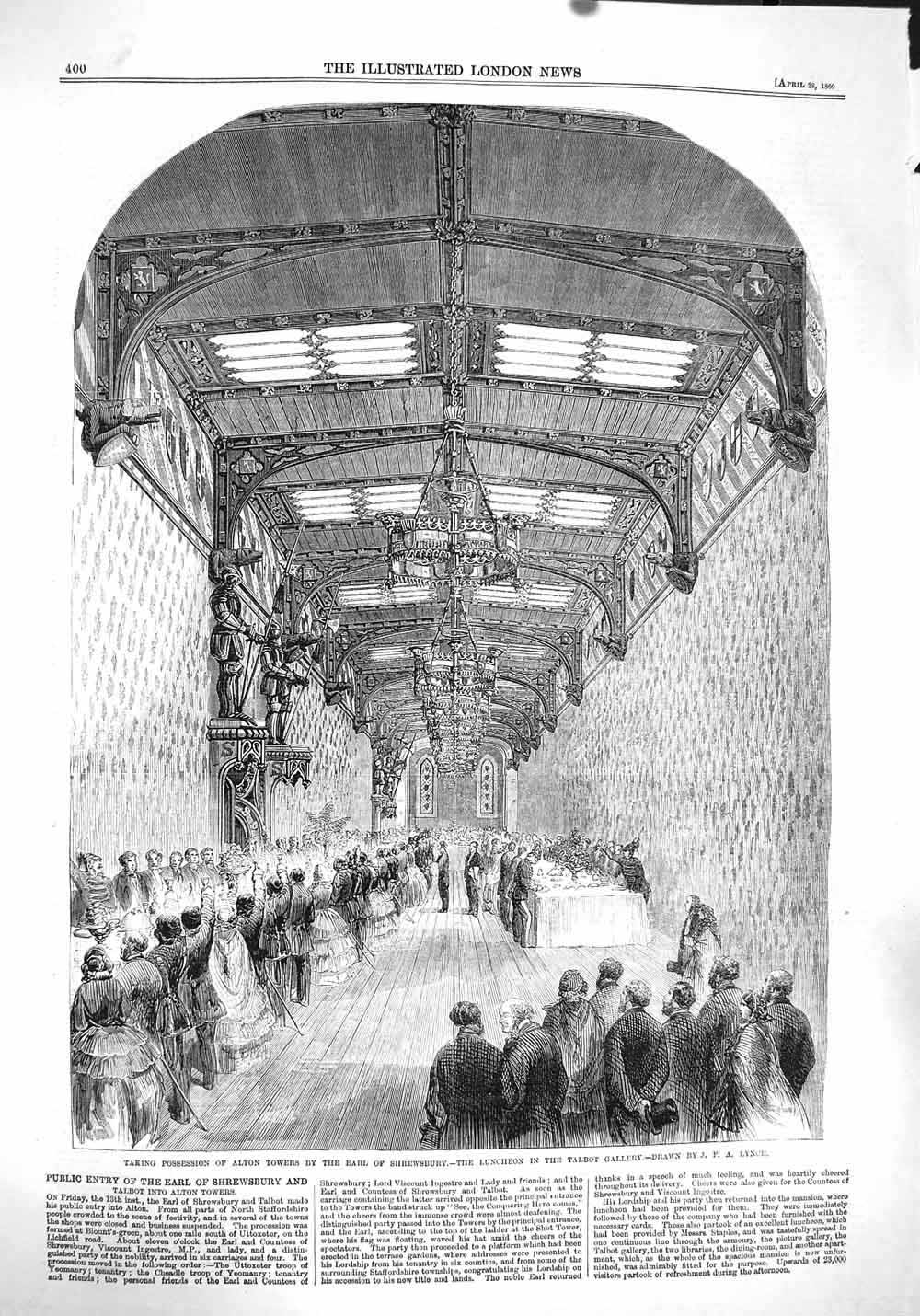 Old Antique Print *3782 1860 Alton Towers Earl Shrewsbury Luncheon Talbot