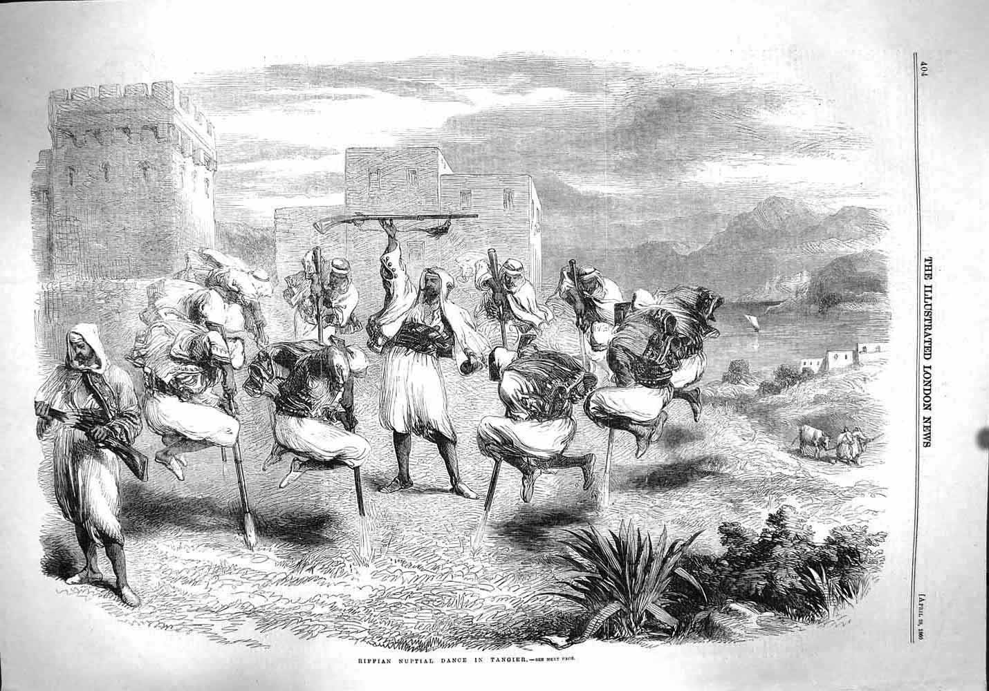 Original Old Antique Print 1860 Scene Riffian Nuptial Dance Tangier Victorian