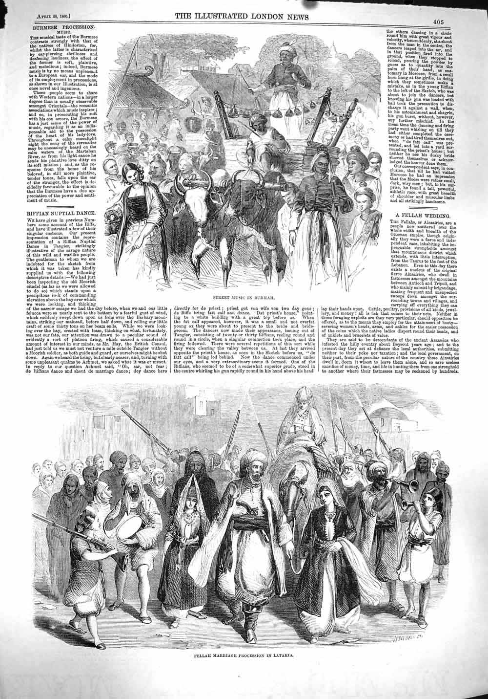 Original Old Antique Print 1860 Street Music Burmah Fellah Wedding Latakia 19th