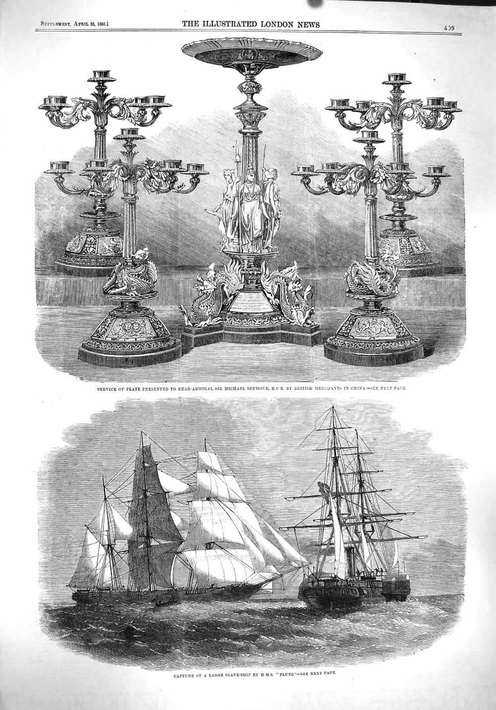 Original Old Antique Print 1860 Slave Ship H.M.S. Pluto Michael Seymour China