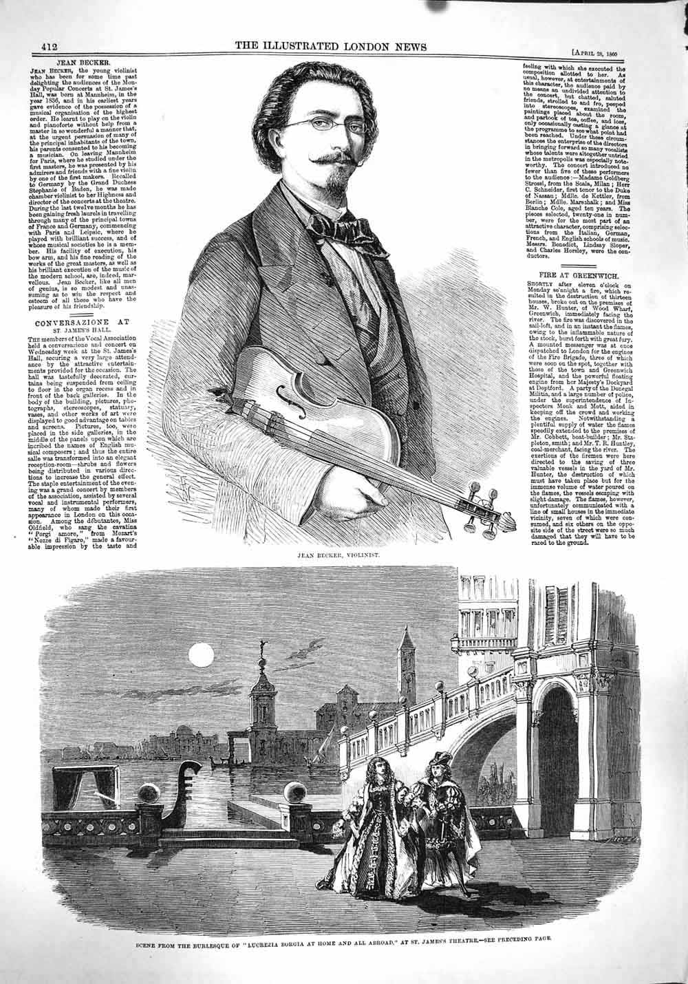 Original Old Antique Print 1860 Jean Becker Violinist Burlesque James'S Theatre
