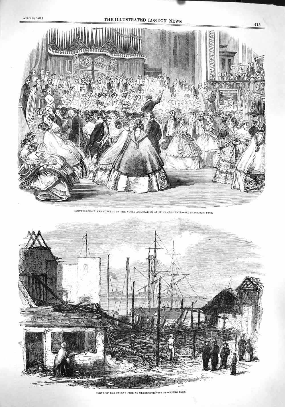 Original Old Antique Print 1860 Fire Greenwich Concert Vocal St. Jam Victorian