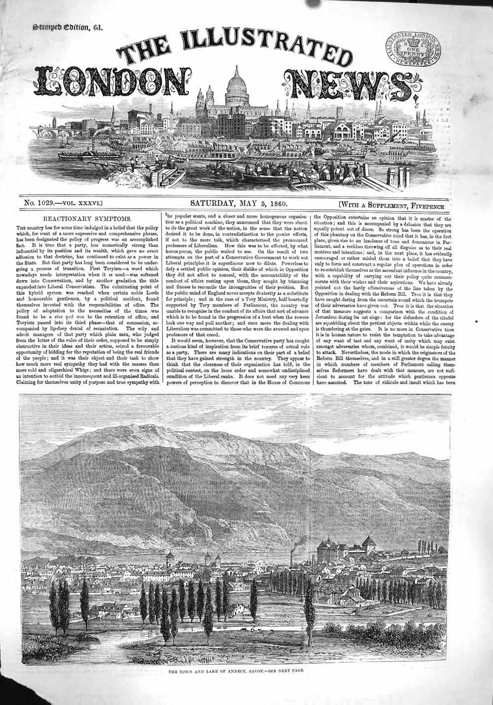 Original Old Antique Print 1860 Town Lake Annecy Savoy Mountains 19th