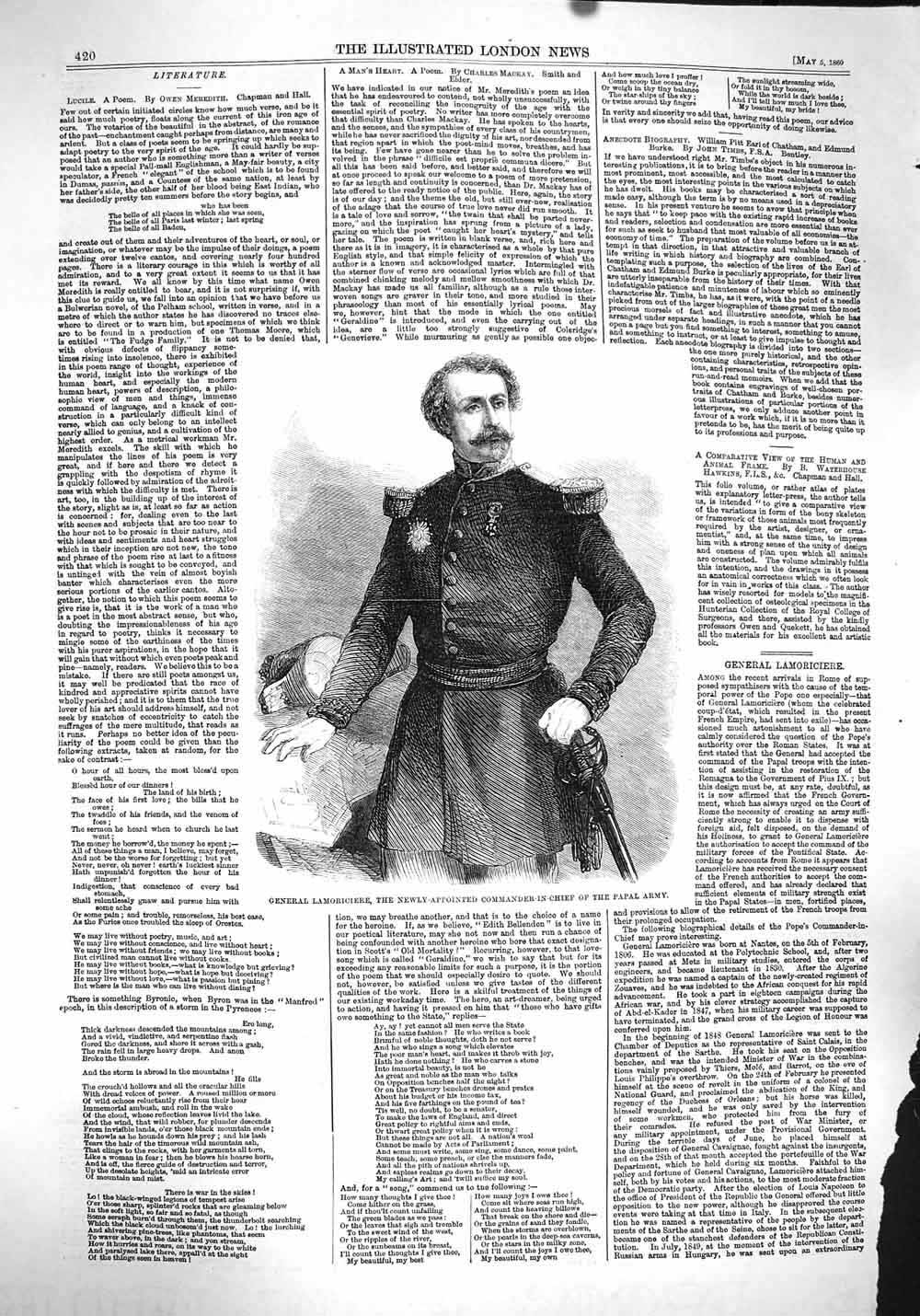 Old Antique Print 1860 General Lamoriciere Papal Army Commander-In-Chief 19th