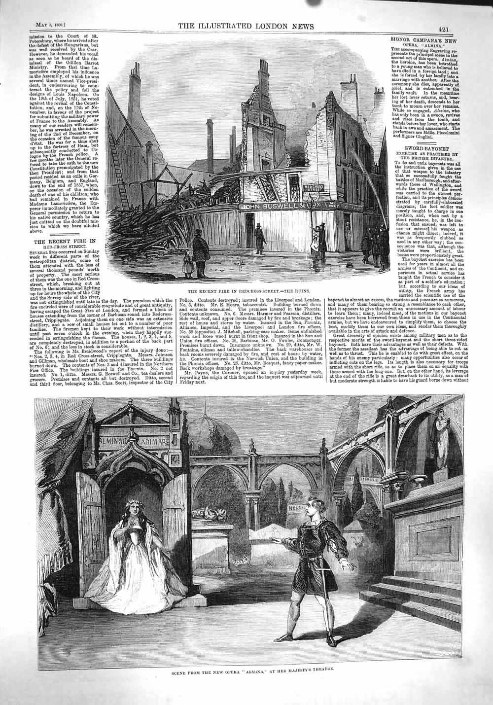 Old Antique Print 1860 Fire Redcross Street Opera Almina Majesty Theatre 19th