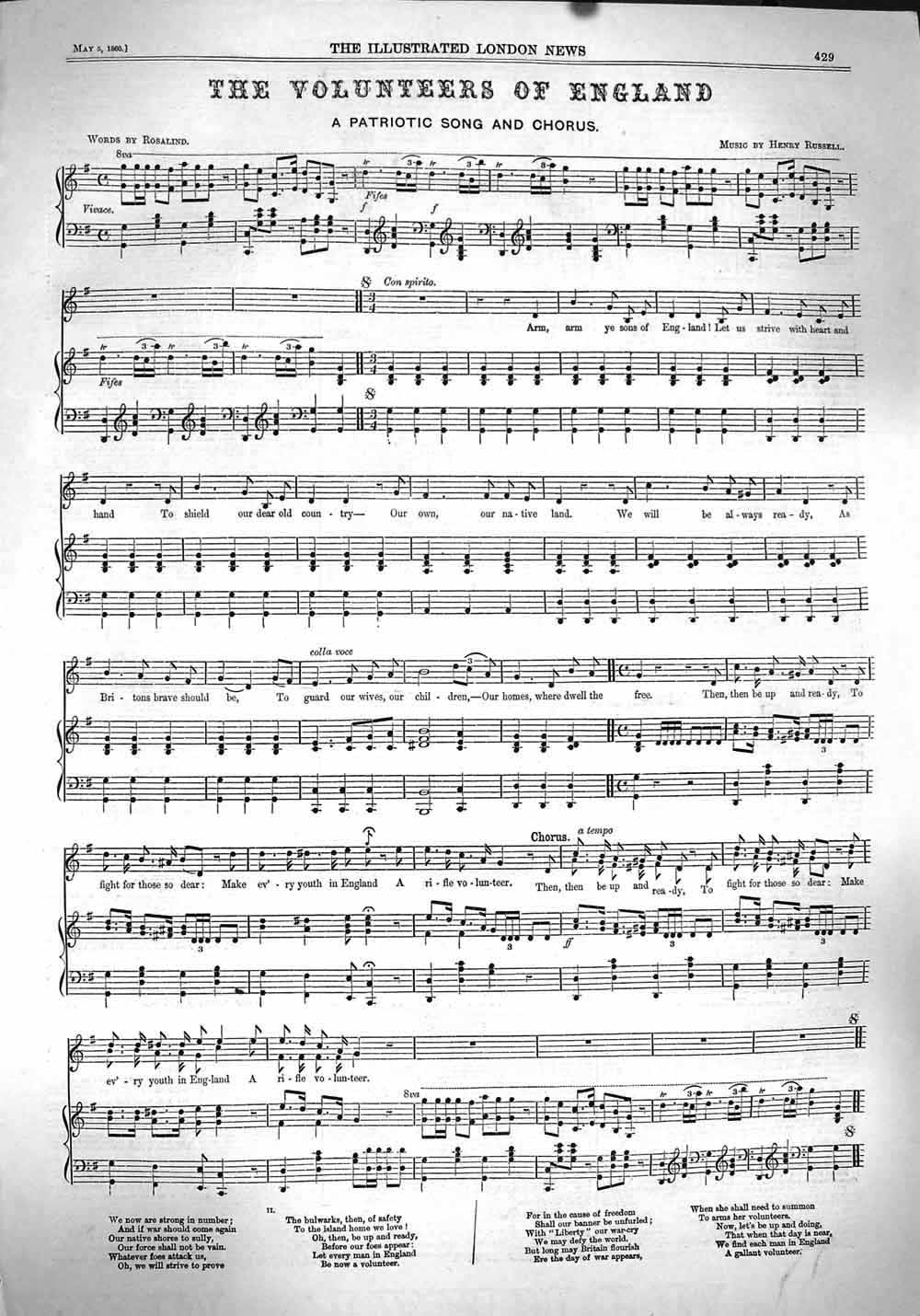 Original Old Antique Print 1860 Sheet Music Volunteers England Patriotic Song
