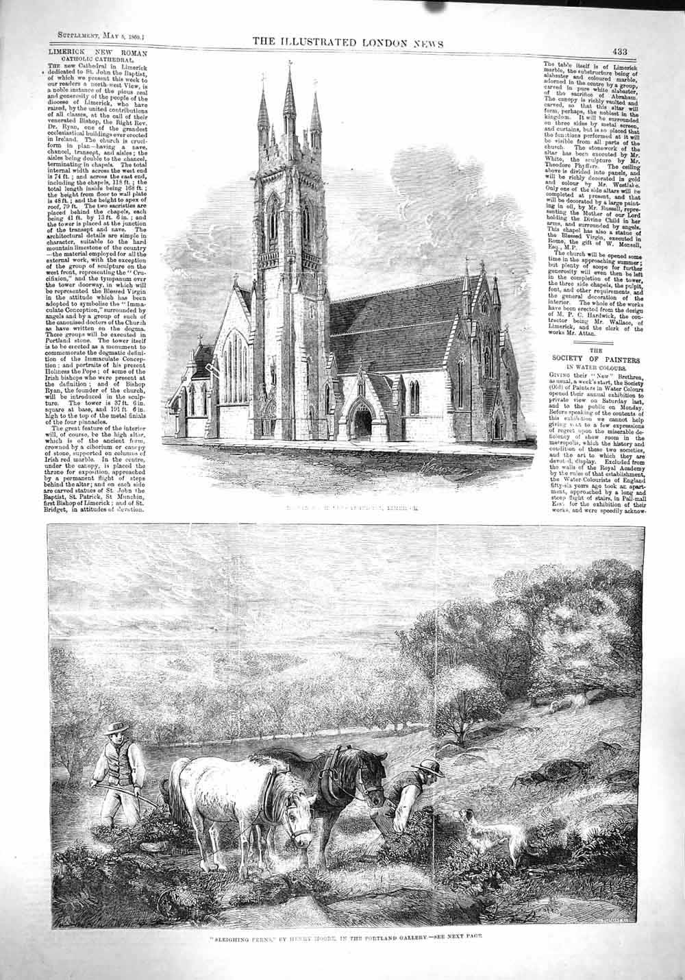 Old Antique Print 1860 Catholic Church Limerick Sleighing Ferns Farming 19th