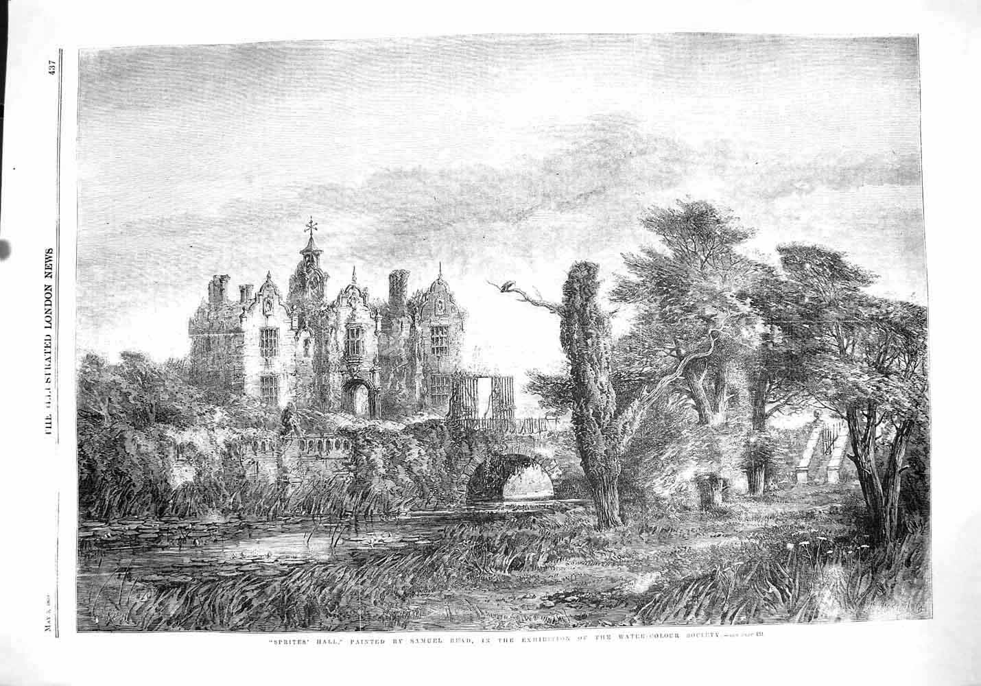 Original Old Antique Print 1860 Sprites Hall Ruins Architecture Samuel Read Art