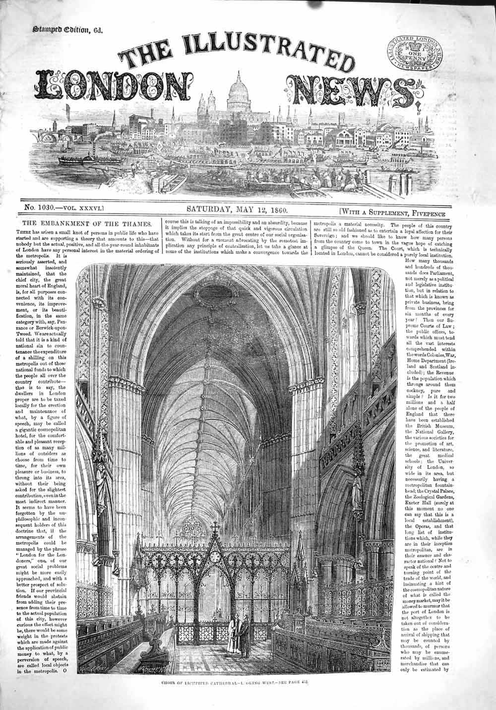 Original Old Antique Print 1860 Choir Lichfield Cathedral England Architecture