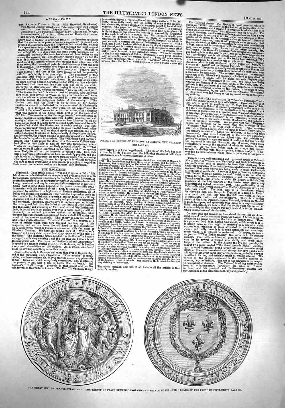 Original Old Antique Print 1860 College Nelson Zealand Seal France Peace Treaty