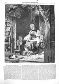 Original Old Antique Print 1860 Mother Children Fairy Tale Story Spinning Wheel