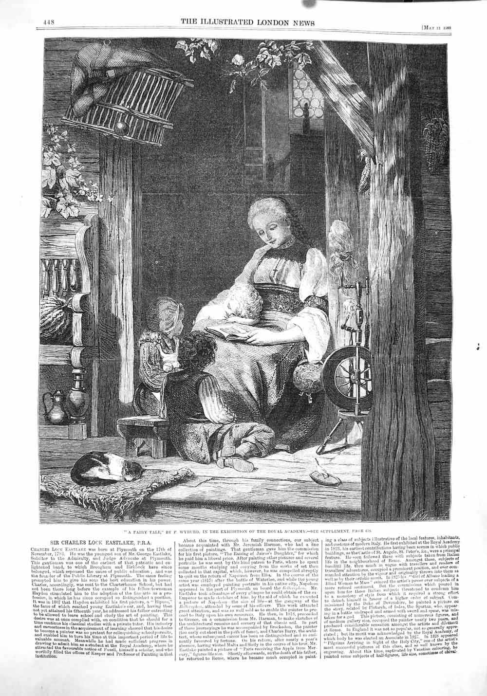 Original Old Antique Print 1860 Mother Children Fairy Tale Story Spinning Wheel