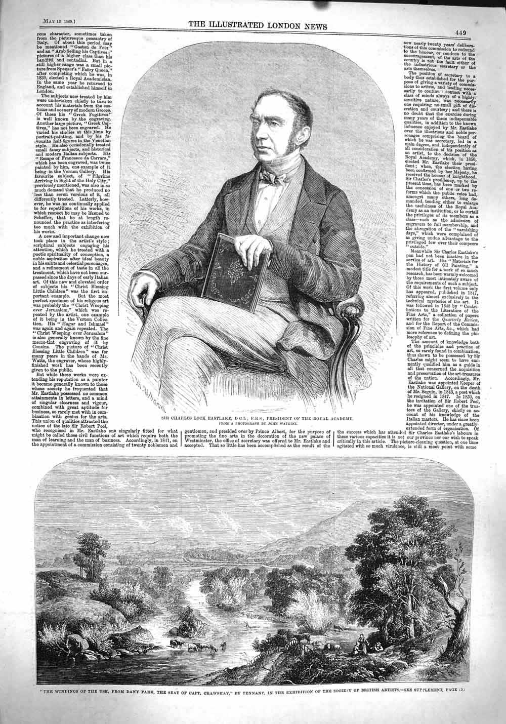 Old Antique Print 1860 Charles Lock Eastlake Usk Dany Park Crawshay River 19th