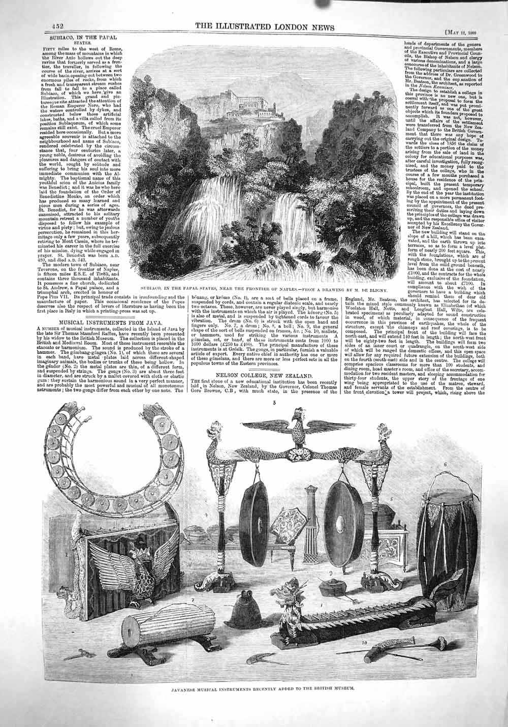 Original Old Antique Print 1860 Subiaco Papal Naples Javanese Music Instruments