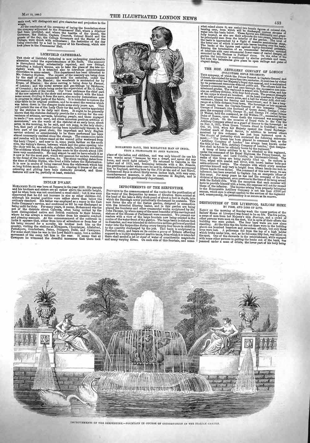 Old Antique Print 1860 Mohammed Baux Man India Serpentine Fountain Garden 19th