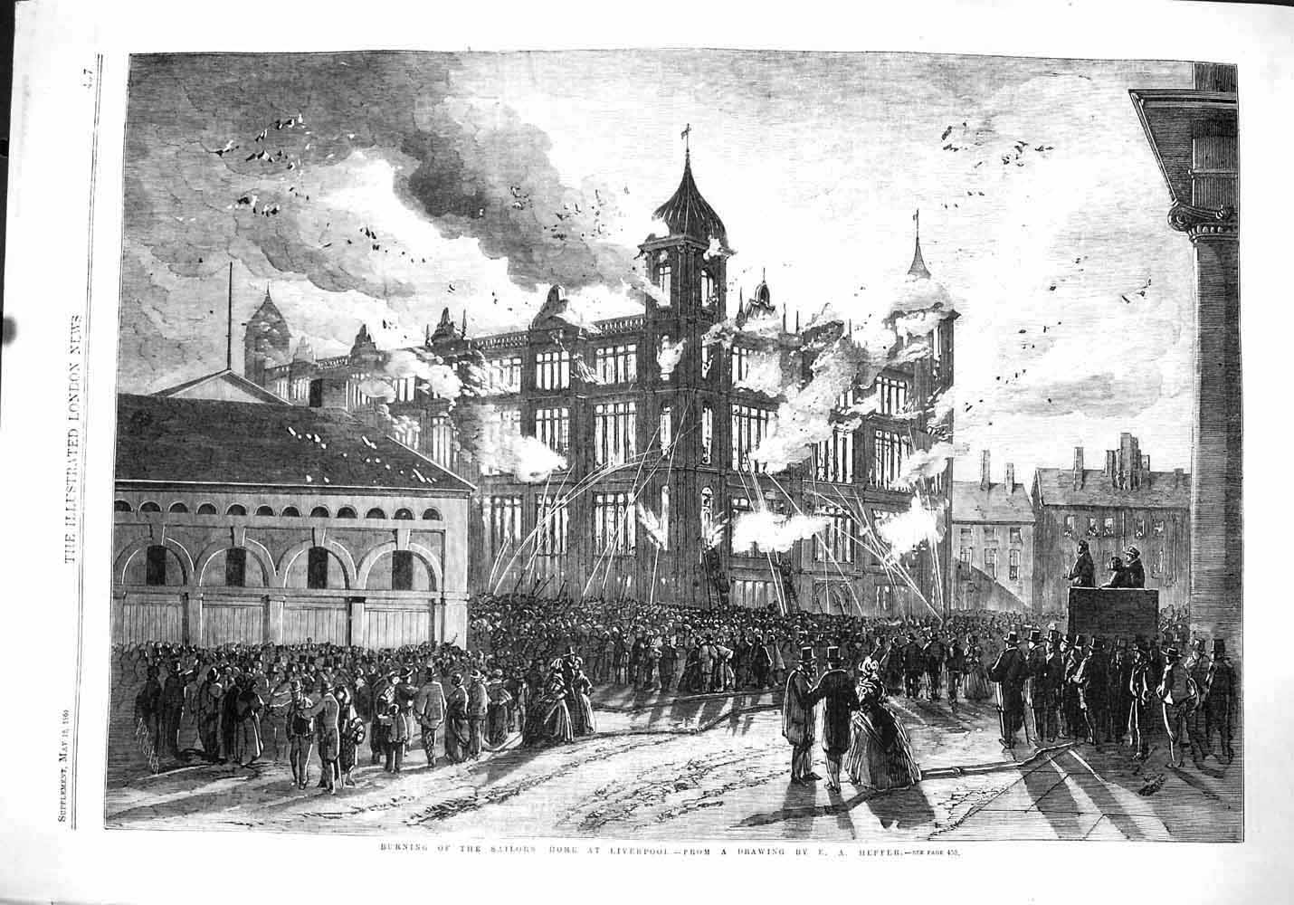 Original Old Antique Print 1860 Burning Sailors Home Liverpool Fire Fine Art