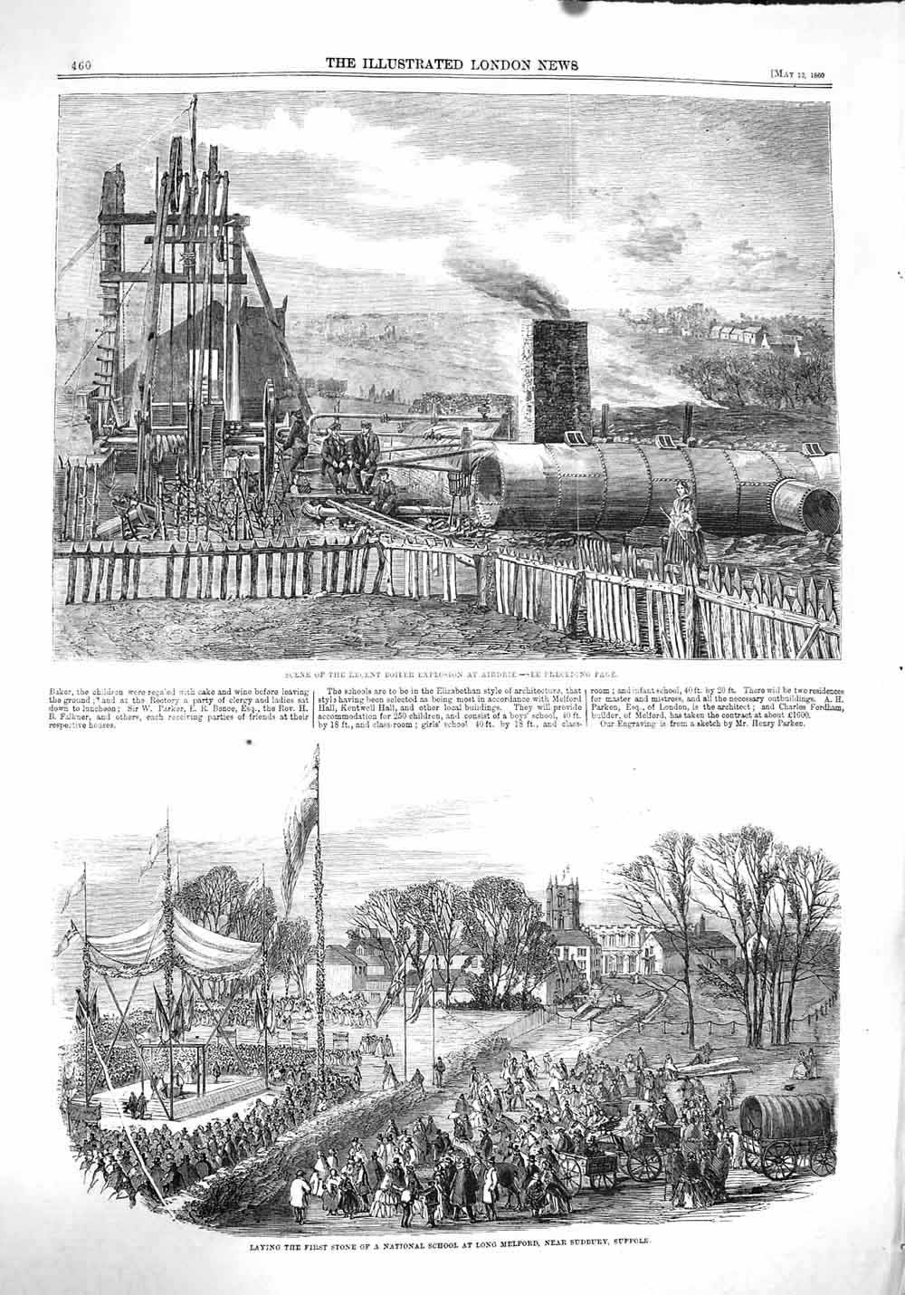 Original Old Antique Print 1860 Boiler Explosion Airdrie School Melford Sudbury