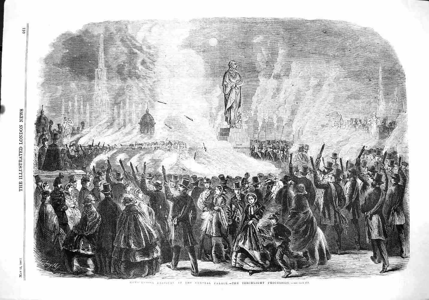 Original Old Antique Print 1860 Mendelssohn Festival Crystal Palace Torchlight