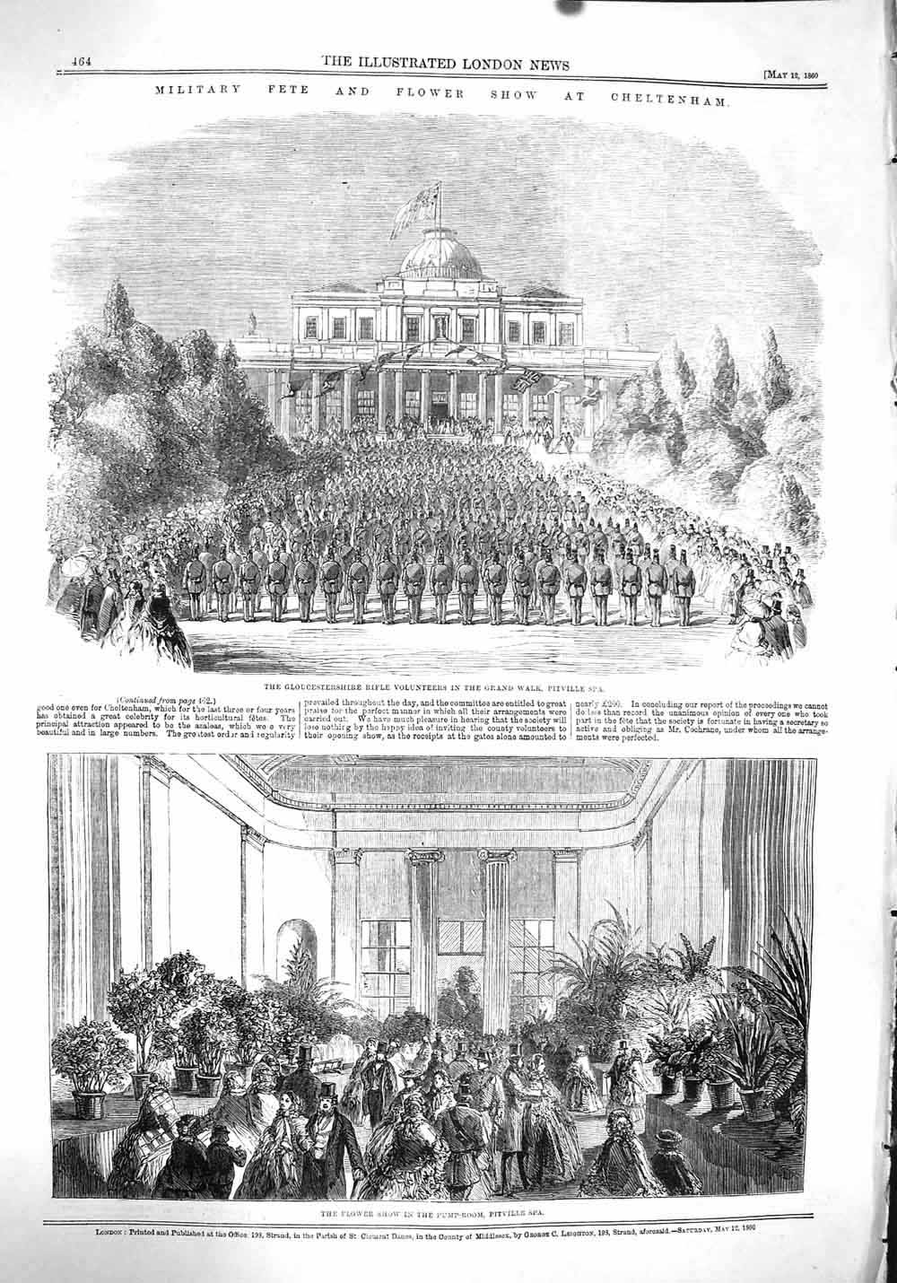 Original Old Antique Print 1860 Flower Show Pitville Gloucestershire Rifle Walk
