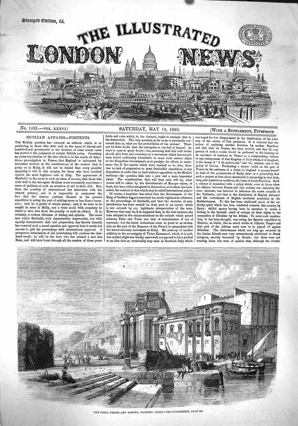 Original Old Antique Print 1860 Porta Felice Marina Palermo Sicily Italy Boats