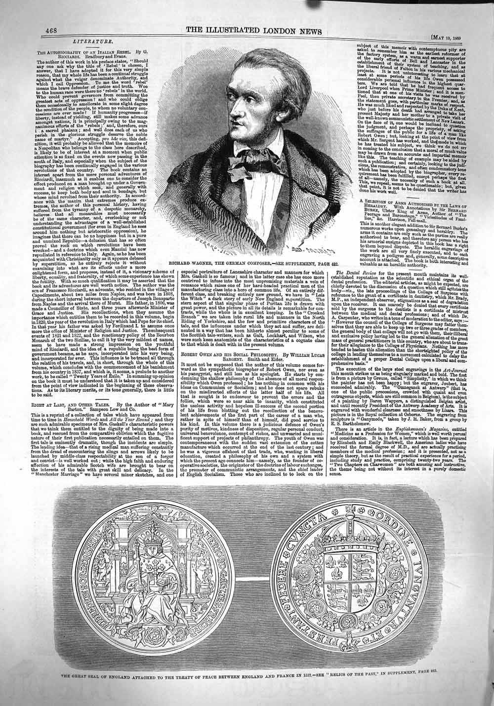 Original Old Antique Print 1860 Richard Wagner Composer Seal England Peace 19th