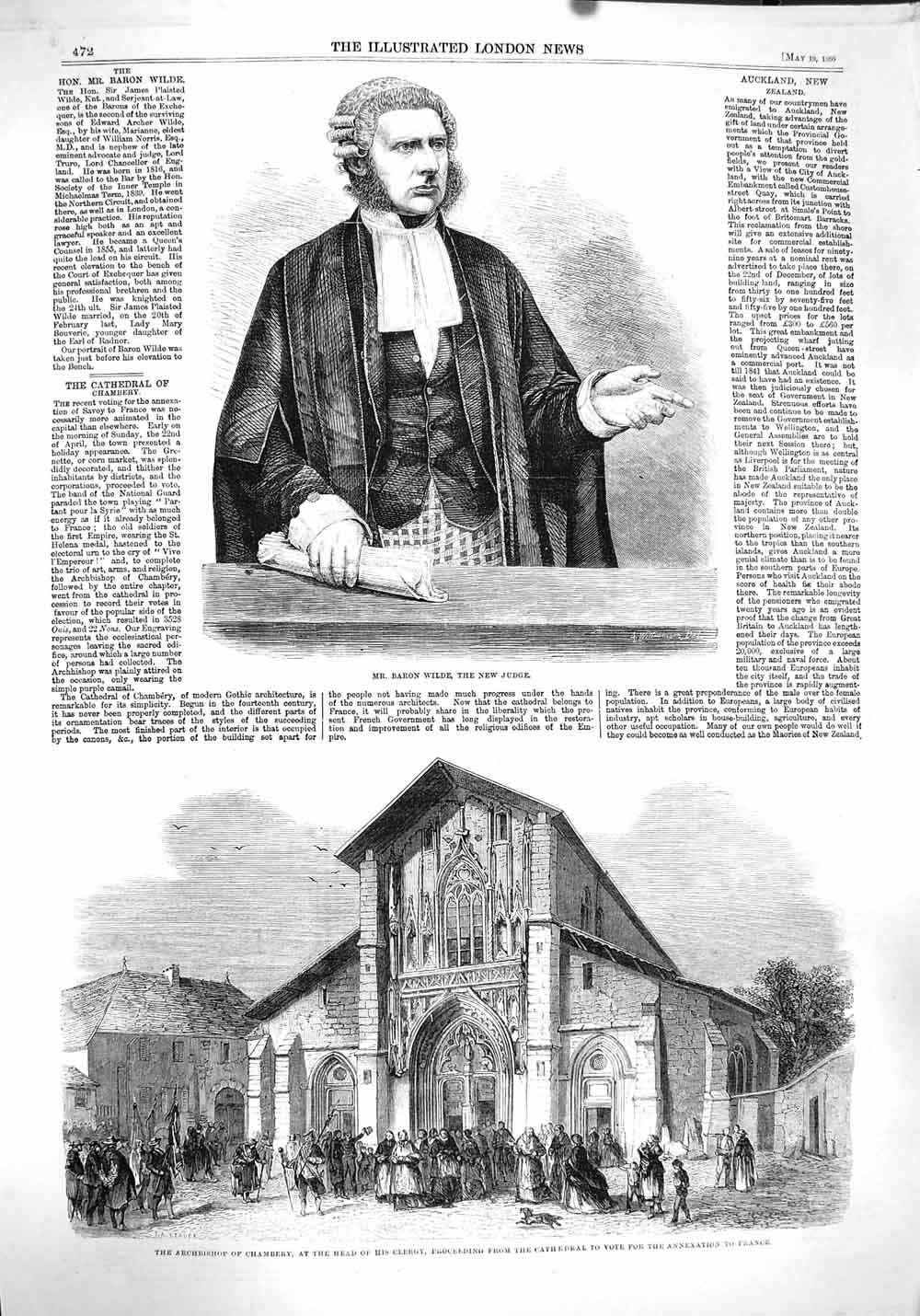 Original Old Antique Print 1860 Baron Wilde Judge Archbishop Chambery Clergy