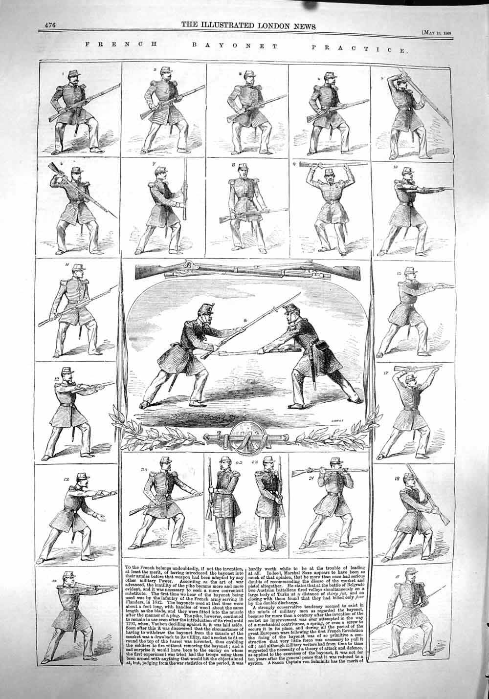 Original Old Antique Print 1860 French Siers Bayonet Practice War Weapons 19th