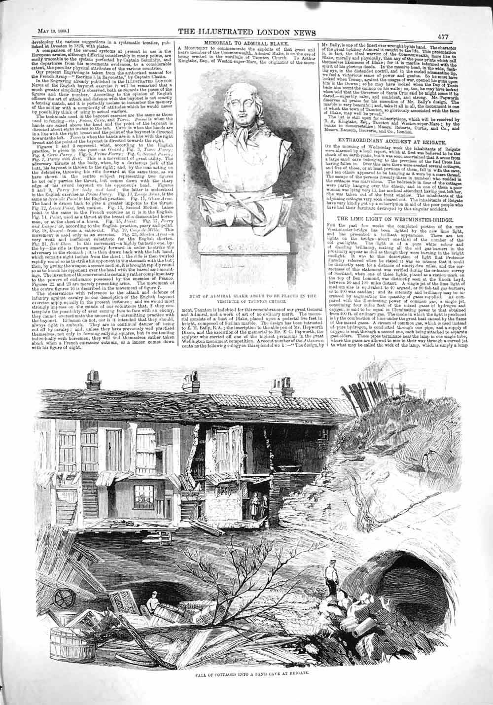 Original Old Antique Print 1860 Bust Admiral Blake Taunton Church Cave 19th