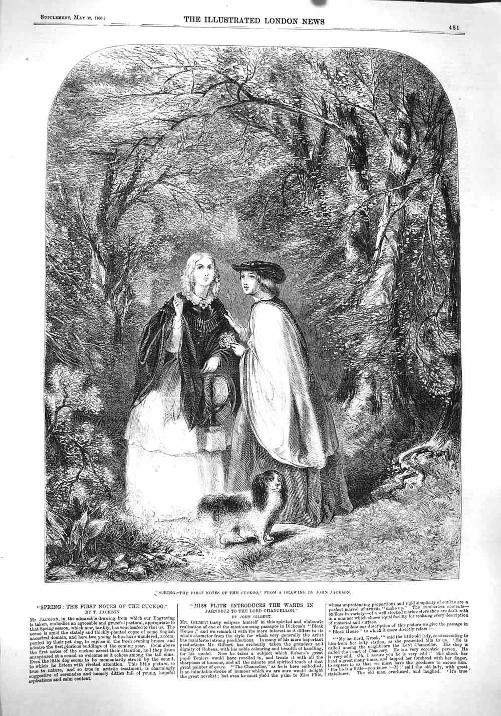 Original Old Antique Print 1860 Spring Scene Ladies Cuckoo Birds Trees Dogs