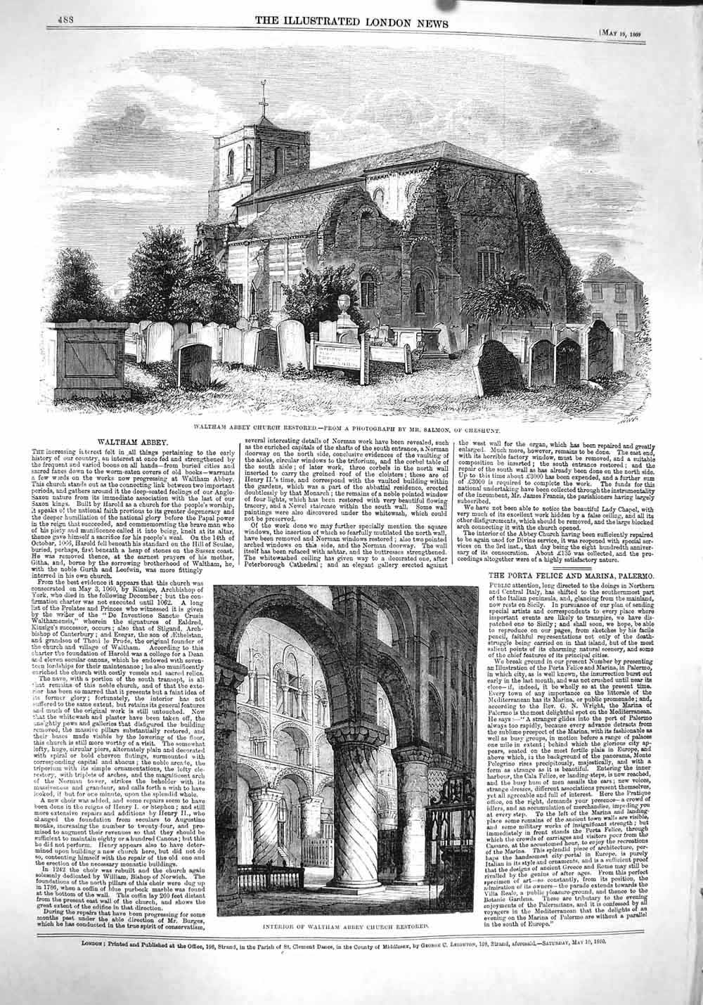 Original Old Antique Print 1860 Waltham Abbey Church Exterior Architecture 19th