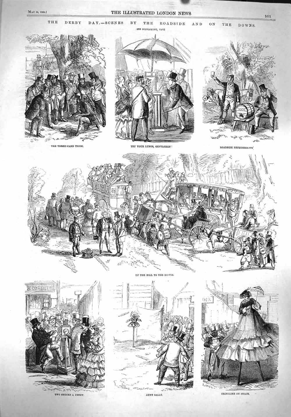 Original Old Antique Print 1860 Derby Horse Racing Transport Passengers 19th