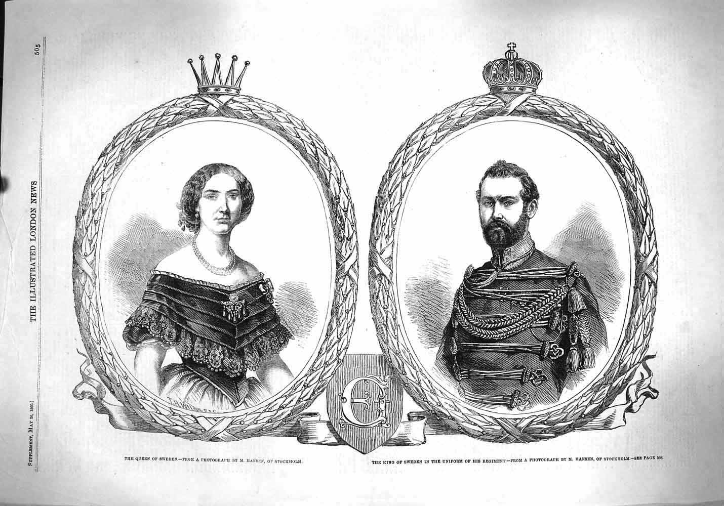 Original Old Antique Print 1860 Portrait Queen King Sweden Regiment Uniform