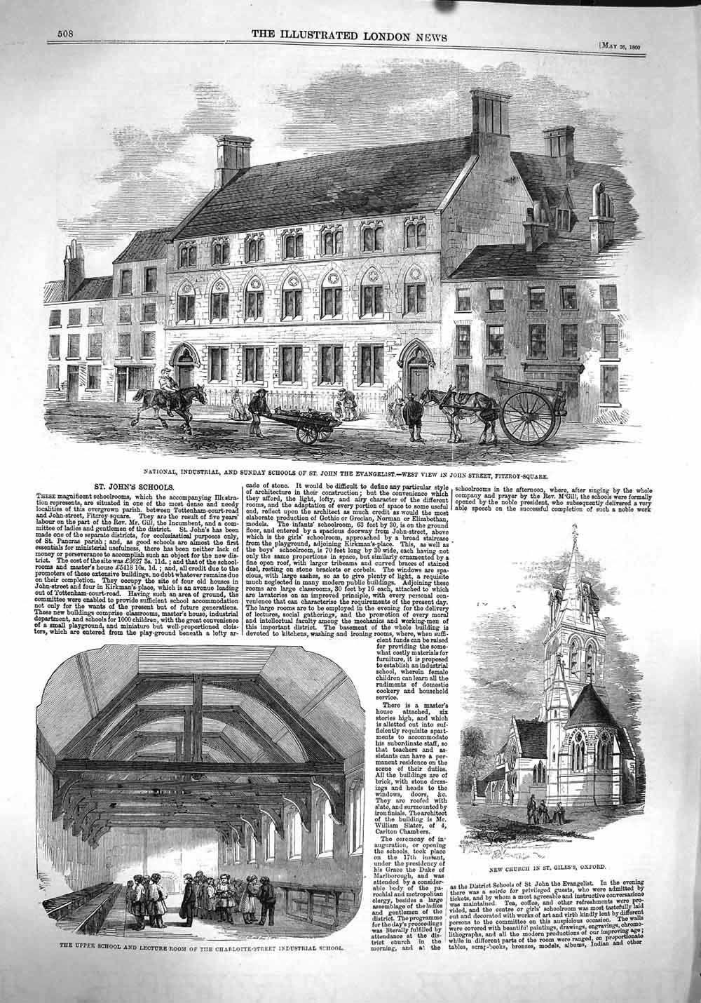 Original Old Antique Print 1860 Sunday School John Evangelist Church Oxford