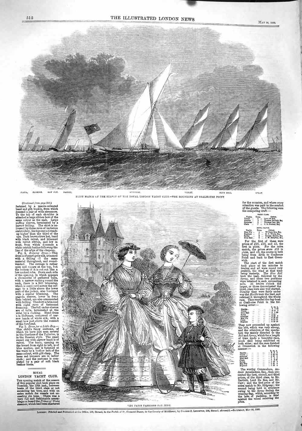 Old Antique Print 1860 Paris Fashion London Yacht Club Violet Spray May 19th