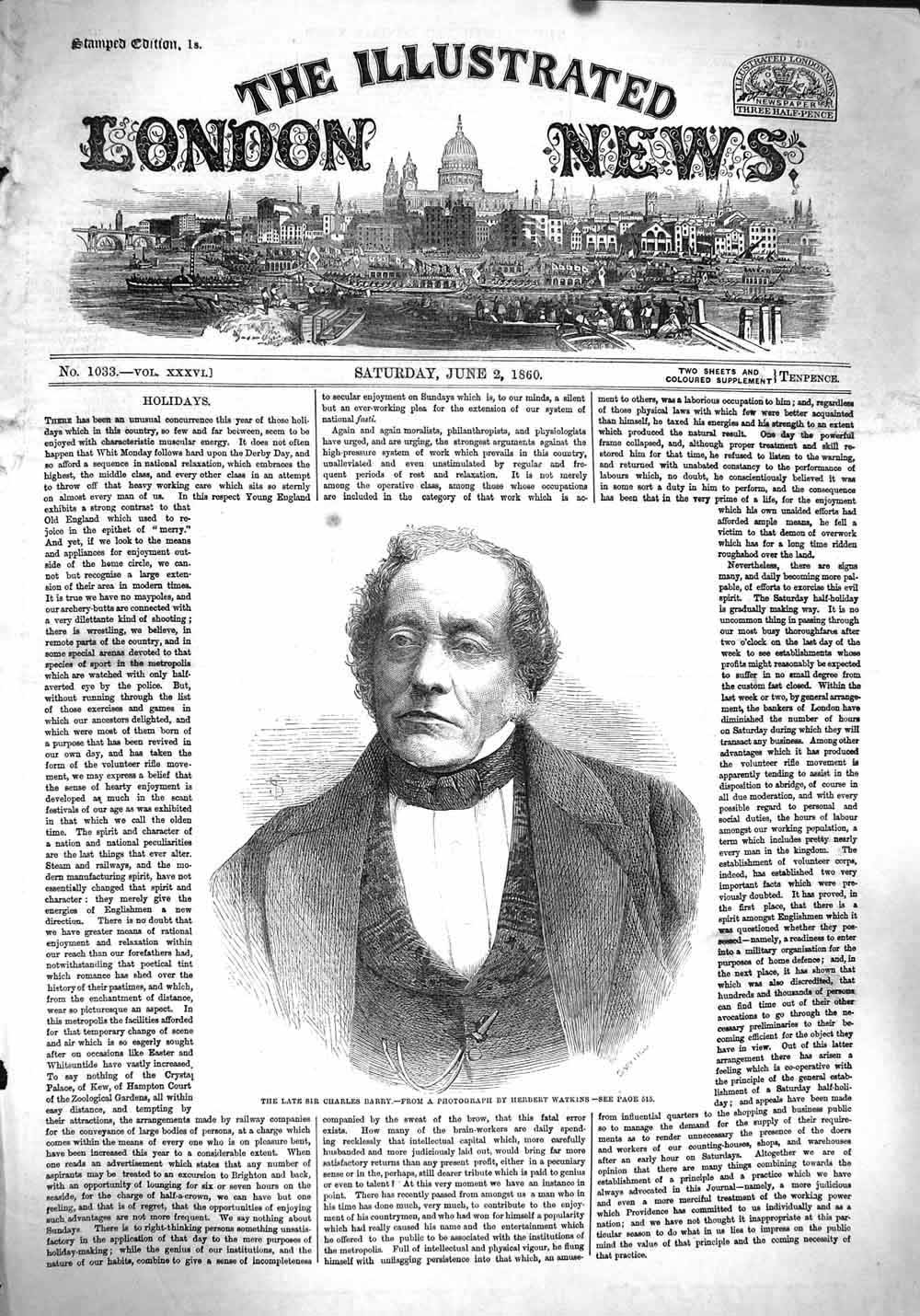 Original Old Antique Print 1860 Portrait Sir Charles Barry Man 19th