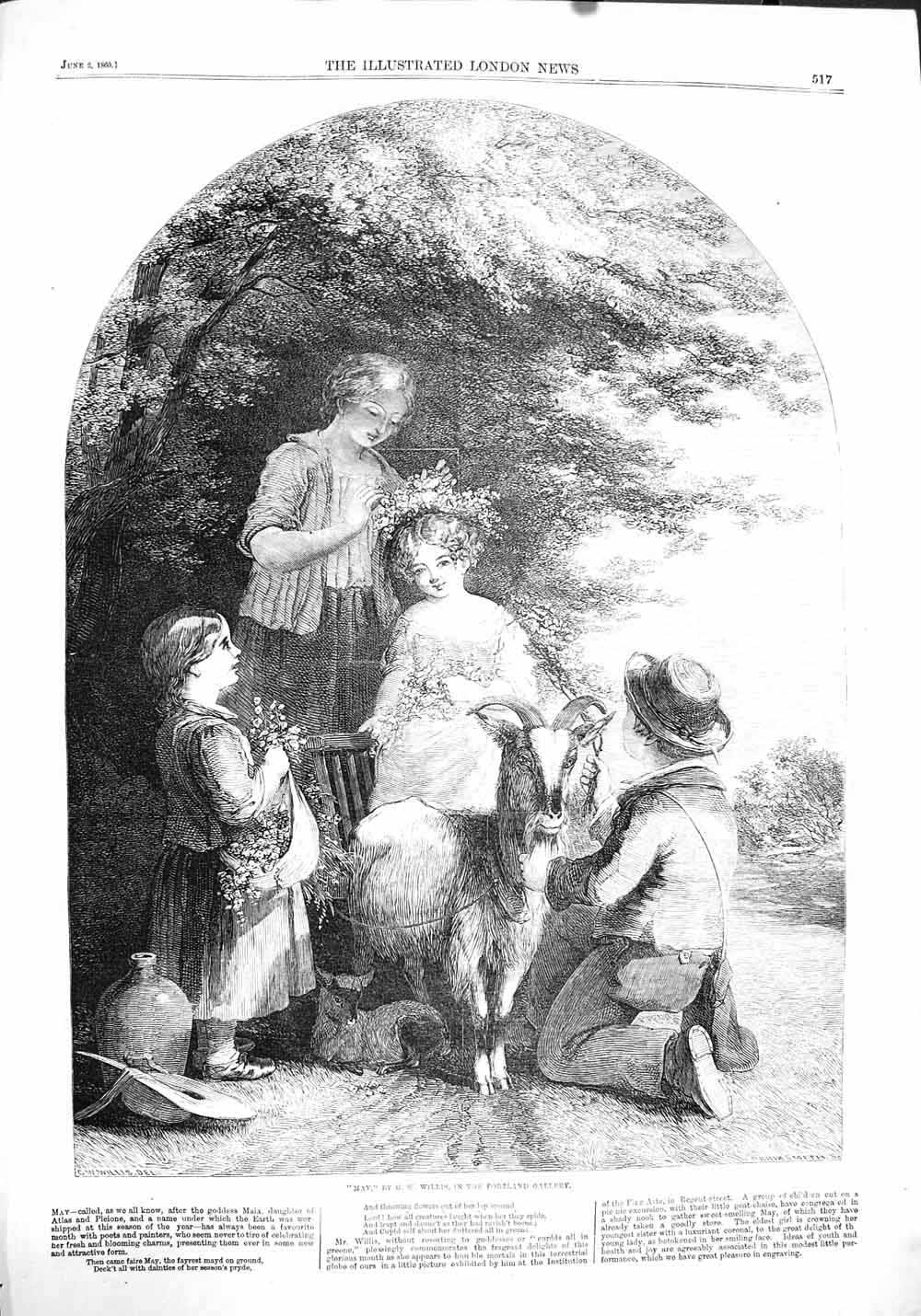Original Old Antique Print 1860 May Children Flowers Goat 19th