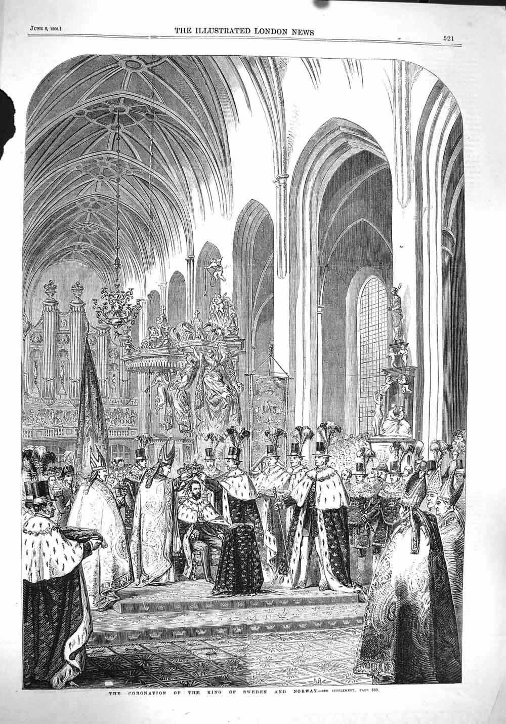 Old Antique Print 1860 Coronation King Sweden Norway Royalty Robes Crown 19th