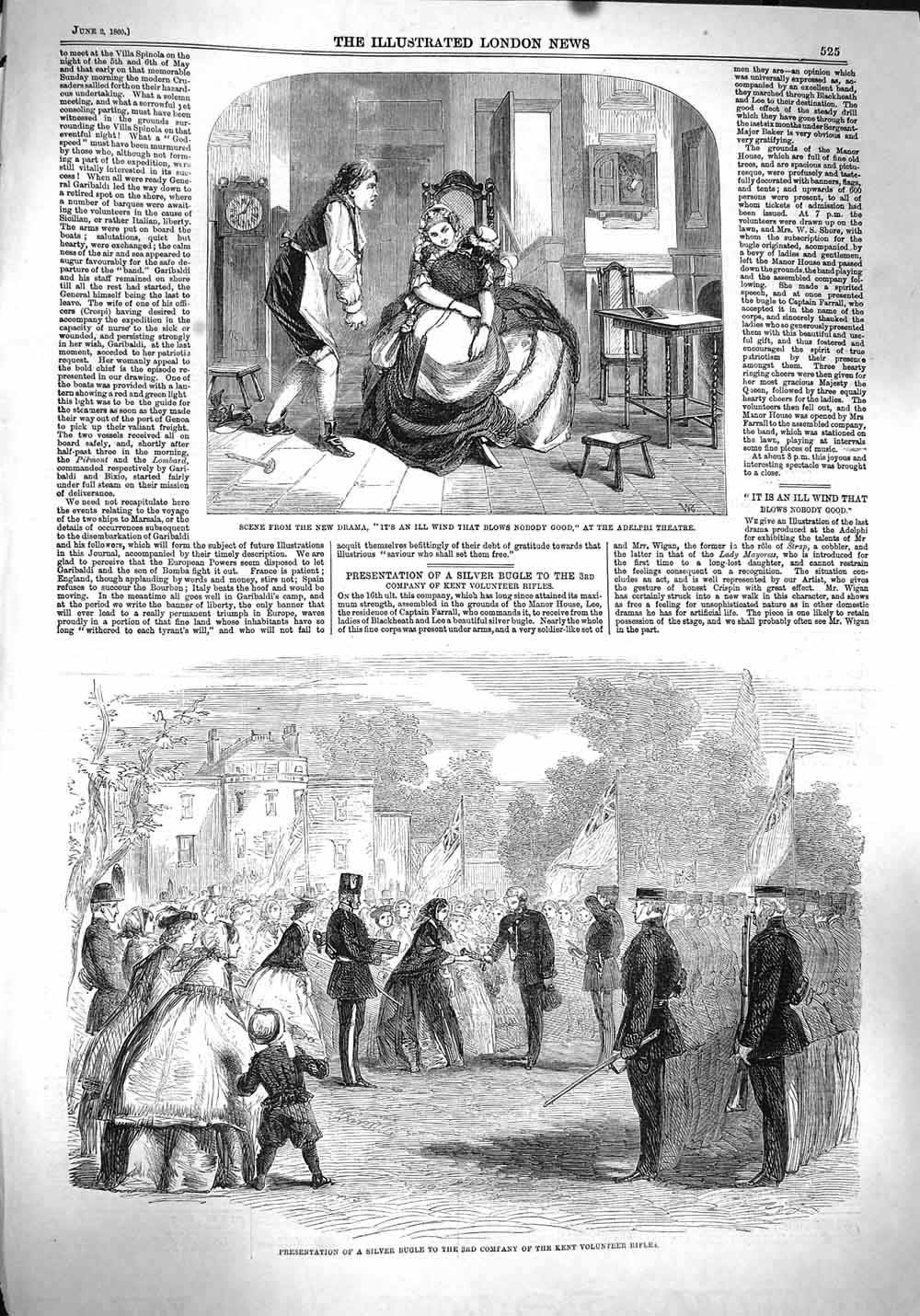 Old Antique Print 1860 Scene Drama Ill Wind Adelphi Theatre Kent Rifles 19th