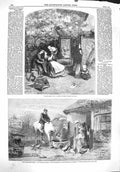 Old Antique Print 1860 Farmhouse Porch Chickens Horse Family Home Scene 19th