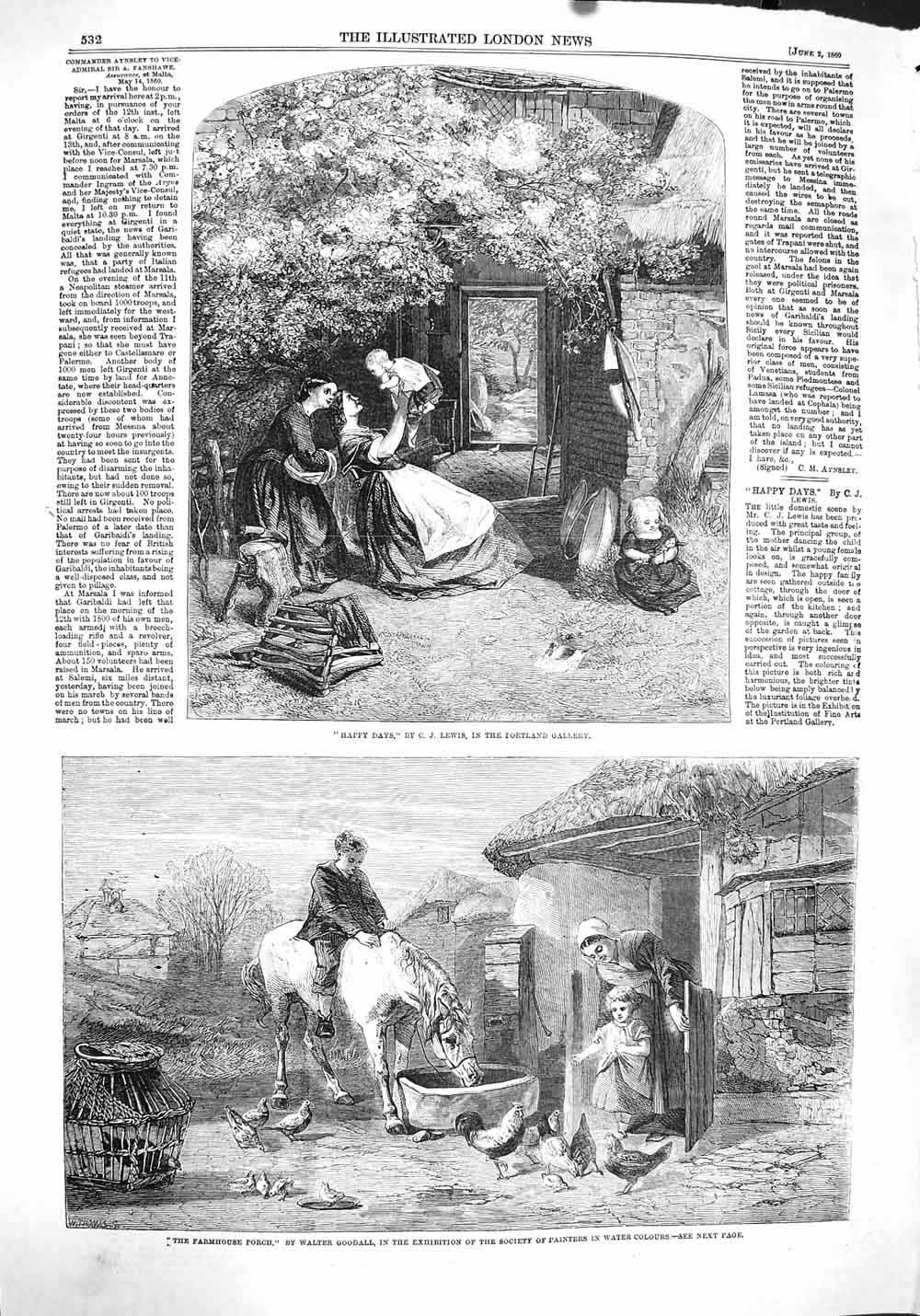 Old Antique Print 1860 Farmhouse Porch Chickens Horse Family Home Scene 19th
