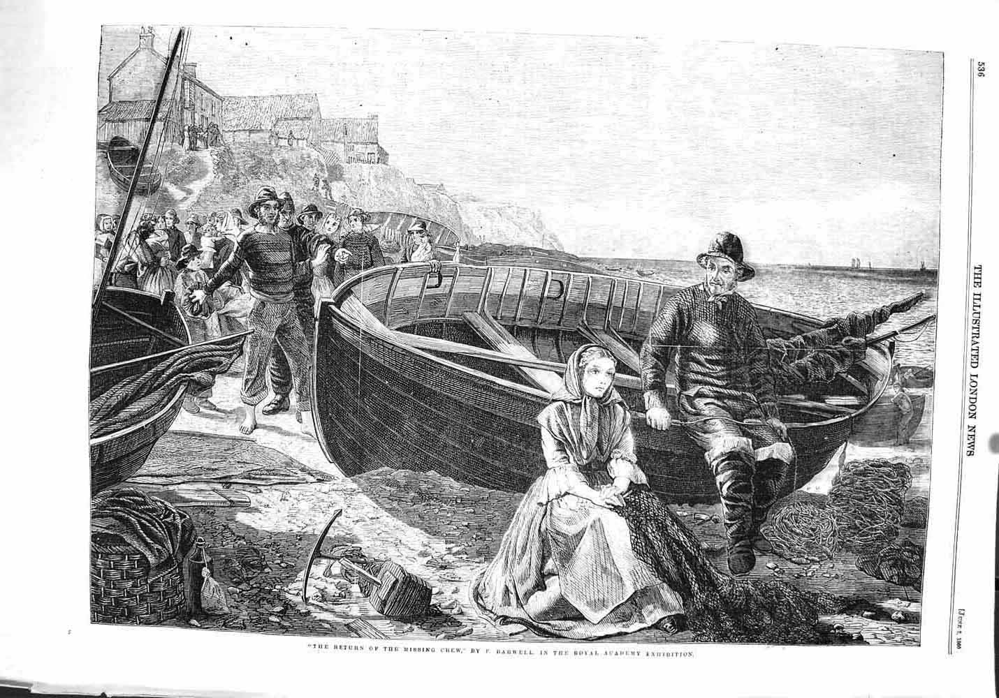 Old Antique Print 1860 Fine Art Barwell Life Boat Ship Wreck Crew Beach 19th